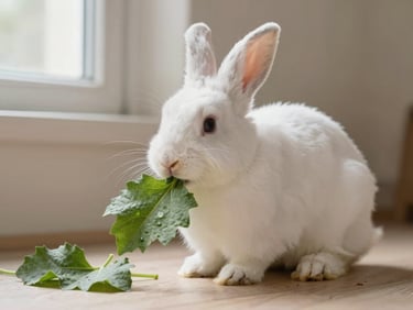 Fluffy white rabbit nibbling on a fresh green leaf in a clean, natural enclosure, natural pet photography, soft diffused window light, warm neutral tones.
