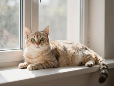 Content cat lounging in a sunbeam on a window sill, natural pet photography, soft diffused window light, warm neutral tones.
