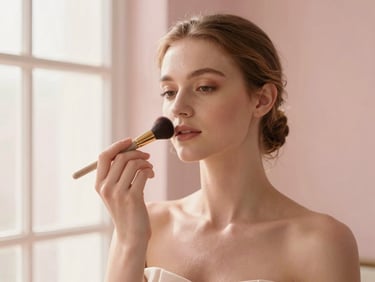 Portrait of a makeup artist holding a silk-fiber brush, warm diffused light, elegant studio setting, 85mm