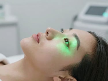 Close-up of a serene face receiving gentle green light therapy, high-end clinical spa environment, 35mm