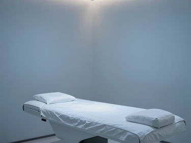 Minimalist treatment room with a soft blue LED glow illuminating a clean treatment table, luxury spa, 35mm