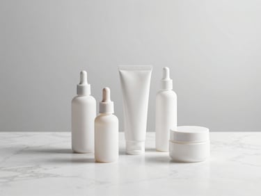 Minimalist clinical skincare products on a white marble surface, soft shadows, luxury aesthetic, 35mm