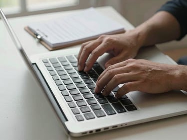 Close-up overhead shot of hands typing on a laptop keyboard on a plain desk, a small notepad with handwritten notes visible beside it, soft natural window light from the left, no faces shown