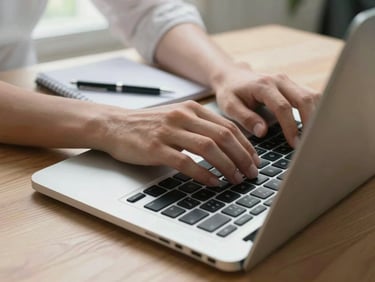 Close-up overhead shot of hands typing on a laptop keyboard, a notebook and pen beside it on a light wooden desk, natural window light from the left