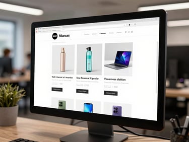 Close-up of a desktop monitor in a modern open-plan office displaying a clean e-commerce product page, even studio lighting, functional angle