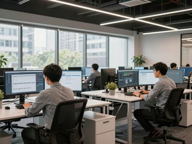 Wide environmental shot of a modern open office, two team members mid-task at standing desks with dual monitors showing dashboards, north-facing daylight