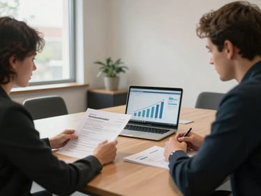 Wide shot of a meeting room mid-work, two people reviewing a printed report and a laptop screen with growth metrics, natural daylight from left window