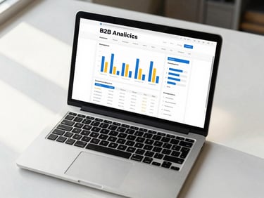 Overhead flat-lay of an open laptop on a clean desk showing a B2B website analytics dashboard, natural north-facing daylight, sharp and functional