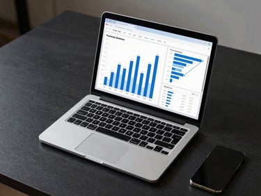 Wide overhead shot of a laptop screen displaying a business analytics dashboard with blue bar charts and conversion funnel data, on a dark desk surface with minimal tools beside it, even studio lighting