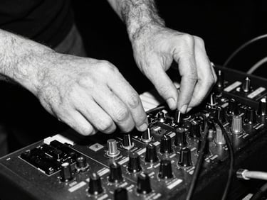Gritty close-up of a musician's hands manipulating a tangled mess of patch cables on a modular synthesizer, harsh direct flash, high contrast monochrome, 35mm