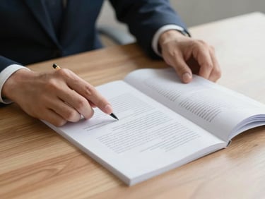 Close-up of hands reviewing physical legal documents on a clean wooden desk, soft natural light, professional setting