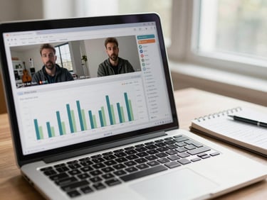 Close-up of a bright laptop screen showing analytics dashboard with video performance graphs, a notepad with handwritten notes beside it, soft window daylight
