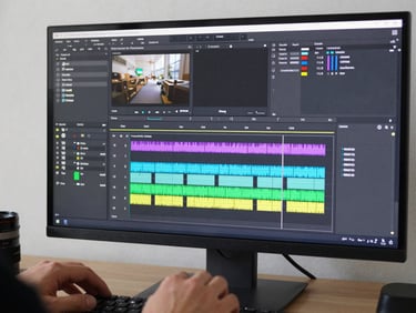 Tight crop of a video editing software timeline with color-coded clips and audio waveforms on a bright monitor, soft flat daylight, hands resting on keyboard below