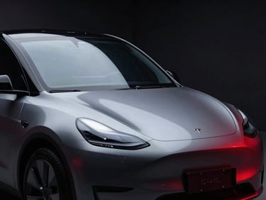 Sleek modern EV silhouette in a dark studio setting, high-contrast red accent lighting reflecting off the metallic hood