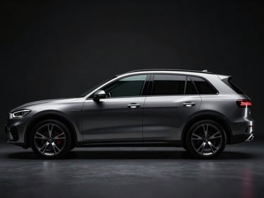 Sleek isolated vehicle silhouette in high-contrast studio lighting, metallic reflections against a dark background, dramatic side profile