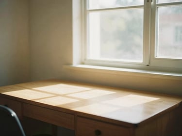 A quiet study room with a wooden desk, soft natural daylight filtering through a window, 35mm.