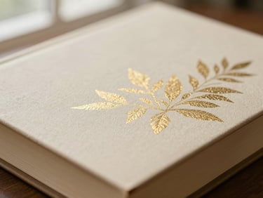 Close-up of a beautifully textured book cover with gold foil accents, warm cream tones, shallow depth of field.