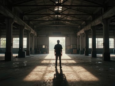 Cinematic film still, a lone figure silhouetted against a single harsh backlight in an empty Mumbai warehouse, dramatic high-contrast lighting, deep shadows, film grain, wide aspect