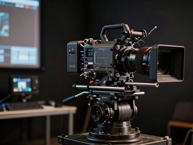 Cinematographer eye-level at a cinema camera on a dolly, production monitor glowing in background, high-contrast set lighting, deep charcoal tones