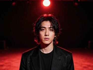 Music video still, a singer under a single overhead crimson gel light on an empty stage, dramatic shadows cutting across the face, film grain, high-contrast dark background, cinematic portrait crop