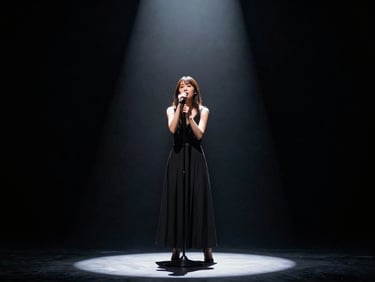 Singer under a single spotlight on a minimalist stage, dramatic upward lighting casting deep shadows, film grain, dark background fading to black