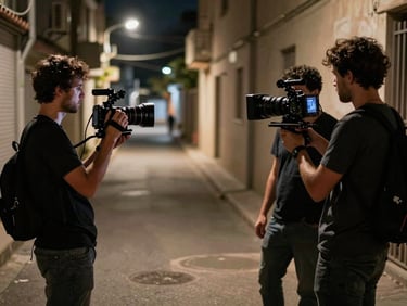 Documentary crew filming in a narrow lane at night, handheld camera visible, practical street lighting, motion blur on background, high contrast shadows