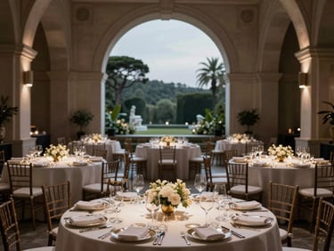 Elegant luxury gala dinner setup, dramatic architectural lighting illuminating the tables and scenic backdrop, sophisticated high-contrast atmosphere.
