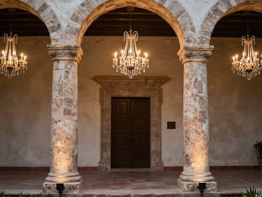 Historic hacienda wedding with warm architectural uplighting on stone columns and crystal chandeliers.