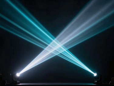 High-contrast theatrical stage lighting setup, sharp cyan and white laser beams cutting through mist, geometric patterns, dark background.