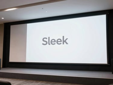 Sleek corporate stage with minimalist projection screens, clean white lighting, and corporate branding.