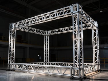 Pristine heavy-duty aluminum trussing and stage structure assembled in a large venue, dramatic backlighting, dark atmosphere, technical precision.