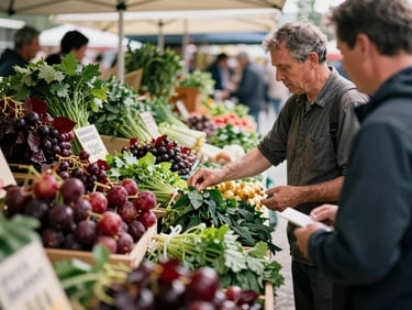 Candid medium shot of a farmer interacting with customers at a bustling local food market stall, natural northern daylight, rich crimson and forest green tones, shallow depth of field, 35mm film