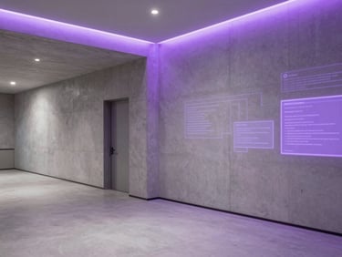 Modern minimalist educational space with clean lines, soft neon purple ambient lighting casting subtle digital overlays on concrete walls.