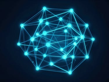 Abstract 3D geometric nodes glowing with electric cyan light, interconnected by thin digital lines on a dark blue background, architectural framing, high-contrast digital luminescence.
