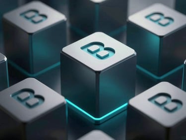 Abstract 3D geometric structures representing secure blockchain data blocks, deep ambient shadows, electric cyan highlights.
