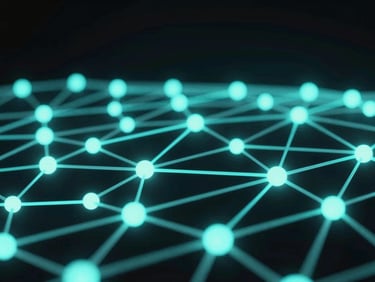 Macro architectural shot of glowing digital nodes interconnected by cyan light lines on a dark background, high-contrast luminescence.