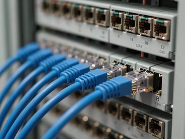 Close-up of structured cabling and telecommunication switchboard integration, neat blue ethernet cables connected to patch panels, technical precision lighting.