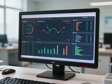 A clean, modern enterprise dashboard displayed on a monitor in a hospital control room, showing real-time operational metrics, soft daylight background.