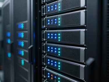 Close-up of secure server racks in a modern Indonesian data center, cool blue and teal LED indicator lights glowing on hardware panels, sharp focus, shallow depth of field.