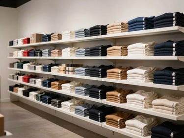Wide shot of a styled retail display shelf showing neatly arranged merchandise — folded goods, small packaged items, and tagged products on white shelving under bright gallery lighting, no people
