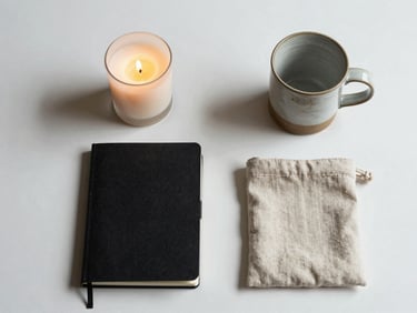 Overhead flatlay of lifestyle essentials — a candle, a ceramic mug, a small notebook, and a linen pouch arranged on a gallery-white background under even daylight-balanced studio light