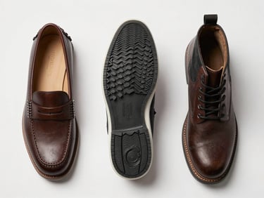 Overhead flatlay of three pairs of footwear — a loafer, a sneaker, and a boot — arranged heel-to-toe on a white surface under bright studio lighting, sole and upper detail visible