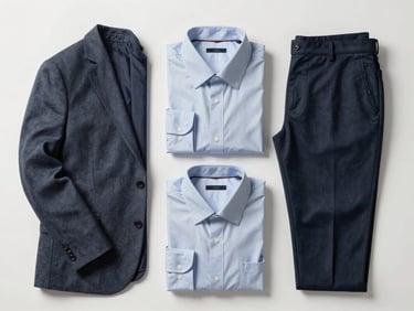 Overhead flatlay of neatly folded contemporary apparel — a blazer, two folded shirts, and trousers arranged on a gallery-white surface under bright studio lighting, fabric texture clearly visible, no people