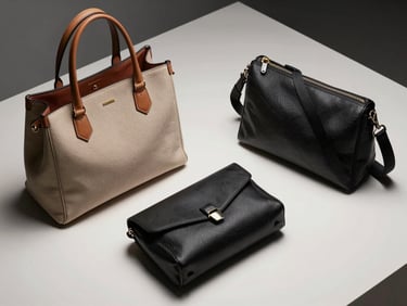 Overhead product shot of three structured bags — a tote, a crossbody, and a clutch — arranged on a gallery-white surface under controlled studio lighting, hardware details sharp, no people