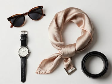 Close overhead flatlay of fashion accessories — sunglasses, a watch, a silk scarf, and a belt arranged on a neutral white surface, bright even studio light, precise product styling