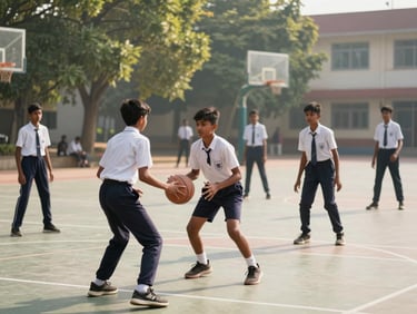 Indian school students in sports uniforms playing basketball on an outdoor court, bright morning daylight, action shot, green trees in the background, 35mm photography