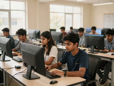 Clean modern computer laboratory with Indian students working on coding projects, flat screens, bright indoor lighting, focused expressions, collaborative learning environment