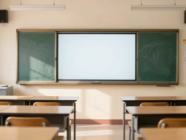 Bright editorial photography of a modern Indian classroom with an interactive smartboard, clean desks, warm natural light, 35mm