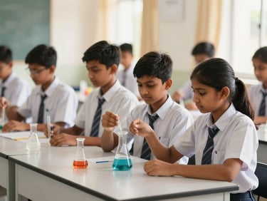 Bright editorial photography of Indian high school students in clean uniforms conducting a chemistry experiment in a modern, sunlit laboratory, 35mm, shallow depth of field