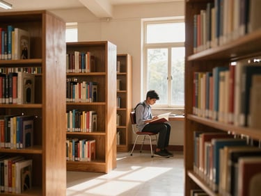 Bright editorial photography of a quiet school library in India with wooden bookshelves, a student reading near a window with warm natural daylight, 35mm